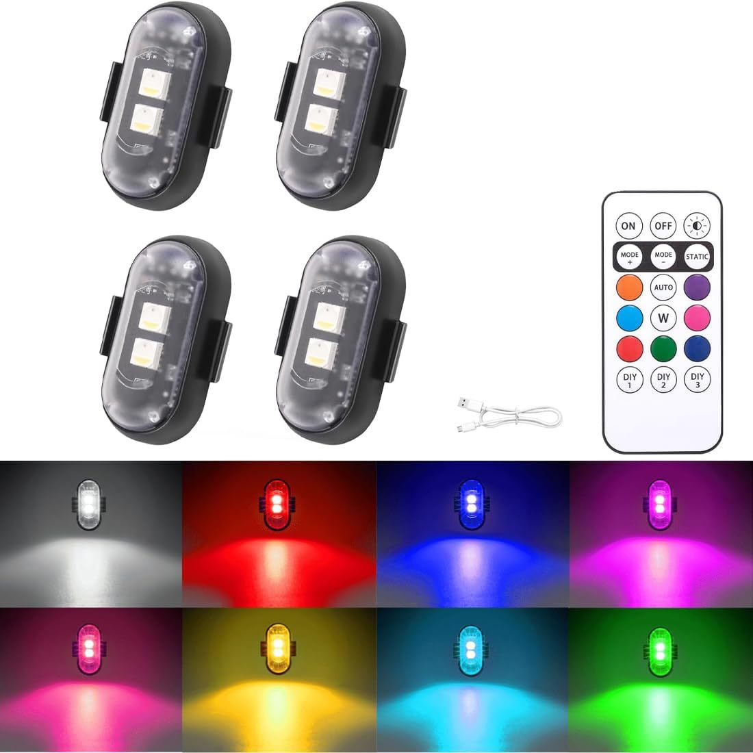 Waterproof RGB Wireless LED Strobe Lights – USB Rechargeable, IP65, Anti-Collision for Car, Bike, Motorcycle, Drone & RC Aircraft