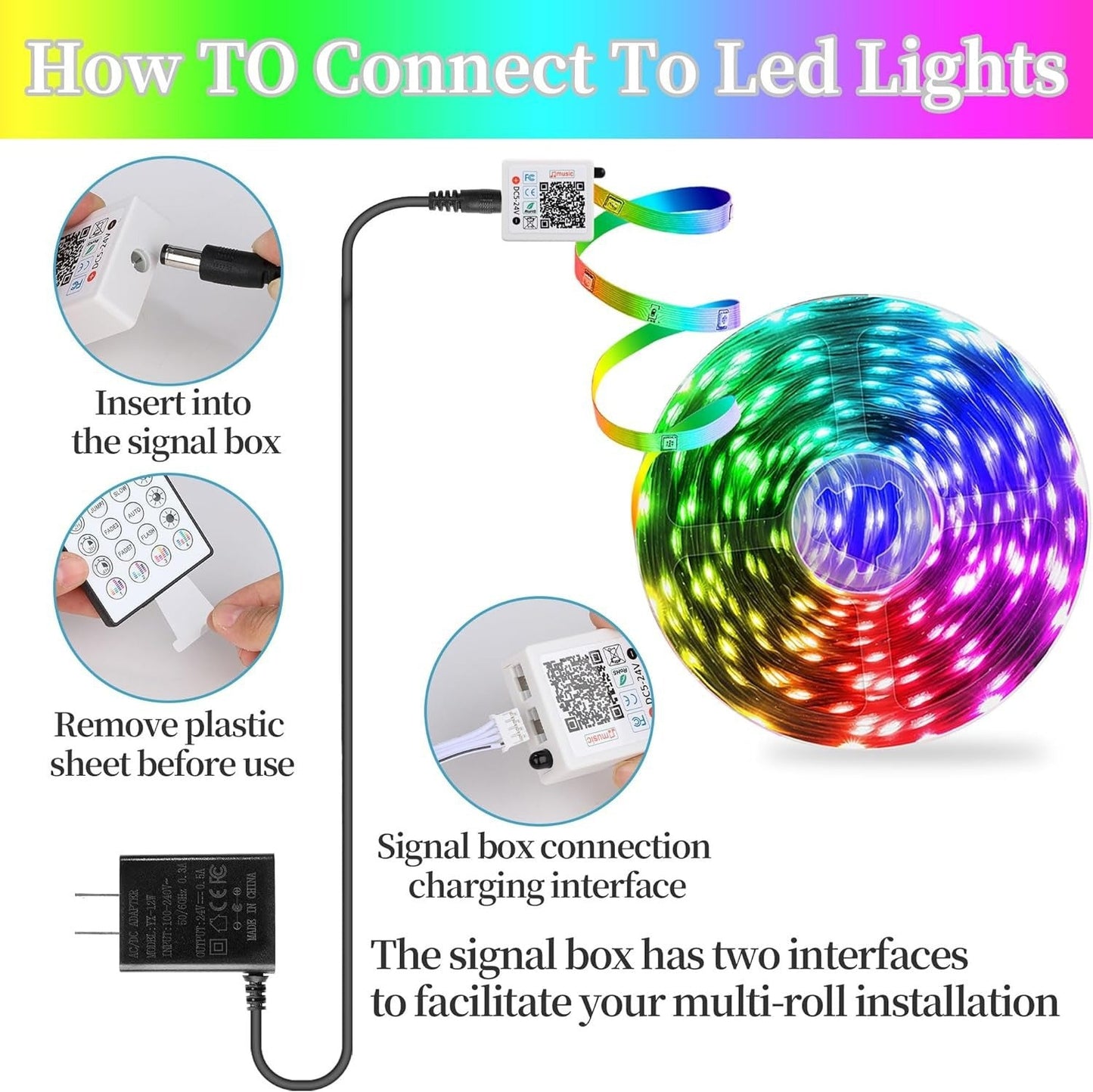 100ft RGB LED Strip Lights – Music Sync + Remote + App